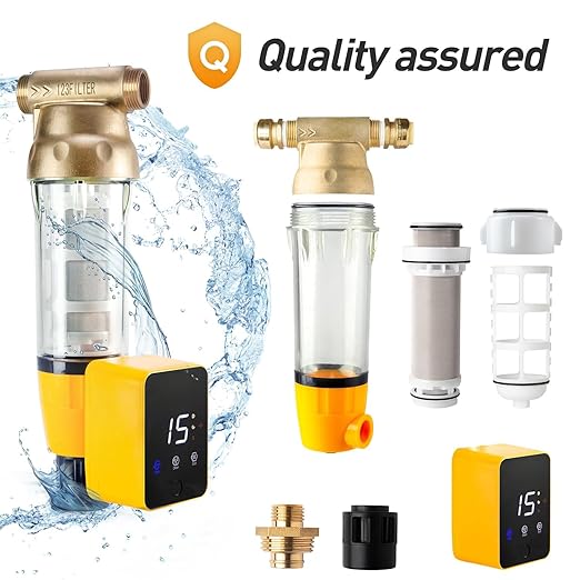 iSpring WSP50ARB Spin Down Sediment Water Filter, Reusable with Touch-Screen Auto Flushing Module and Built-in Housing Scraper, Brass Top Clear Housing, 50 Micron