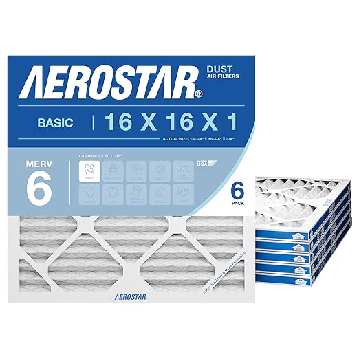 Aerostar 16x16x1 MERV 6 Pleated Air Filter, AC Furnace Air Filter, 6 Pack (Actual Size: 15 3/4"x15 3/4"x3/4")