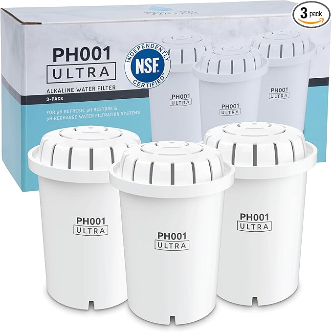 Invigorated Water PH001 Ultra NSF Certified Alkaline Water Filter Replacement for Pitchers & Dispensers, BPA-Free, Reduces Chlorine, Copper & Heavy Metals, Raises pH, 96 Gallons/Filter (3-Pack, White)