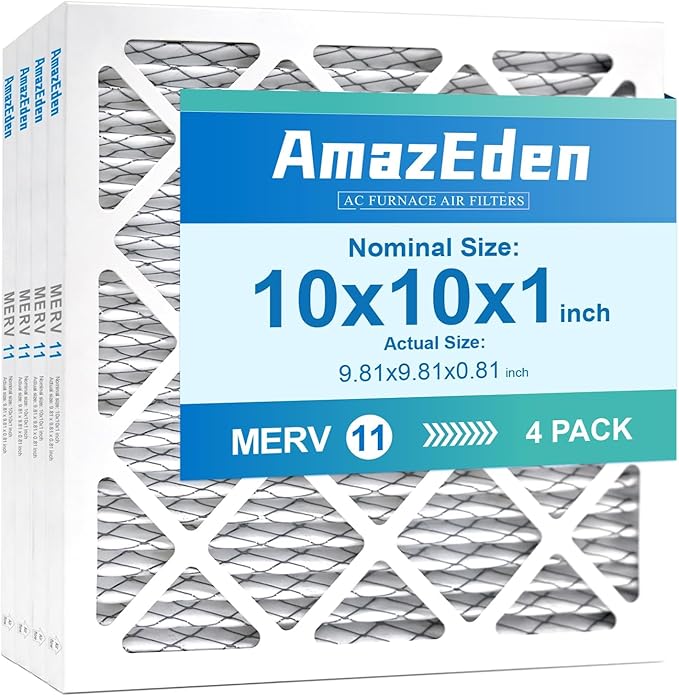 10x10x1 Furnace Air Filter MERV 11 (4-Pack) HVAC AC Pleated Filters Dust Defense Replacement for Home MPR 1000 FPR 7 (Exact Dimensions: 9.81x9.81x0.81 Inches)