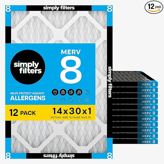 Simply 14x30x1 Air Filter, MERV 8, 12 Pack, For Home AC Furnace & HVAC (Actual Size: 13.75"x29.75"x0.75") DUST, Pet, & Allergy Control