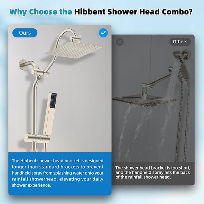 Hibbent cUPC Certified High Pressure 10'' Rainfall Shower Head, Showerhead Combo with 4-mode Handheld Spray, 12'' Adjustable Extension Arm, Extension Bar, Easy Reach Holder, 71'' Hose, Brushed Nickel