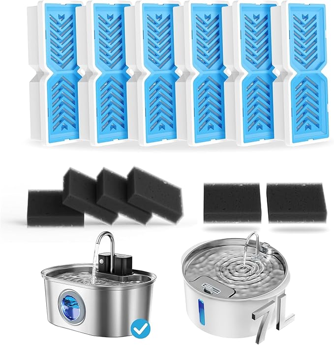PEKTACO Replacement Water Fountain Filters with Pre-Filter Sponges, Compatible with 412 & 418 Pet Water Fountain, Fits 3.2L & 7L Pet Water Fountains - 6 Pack