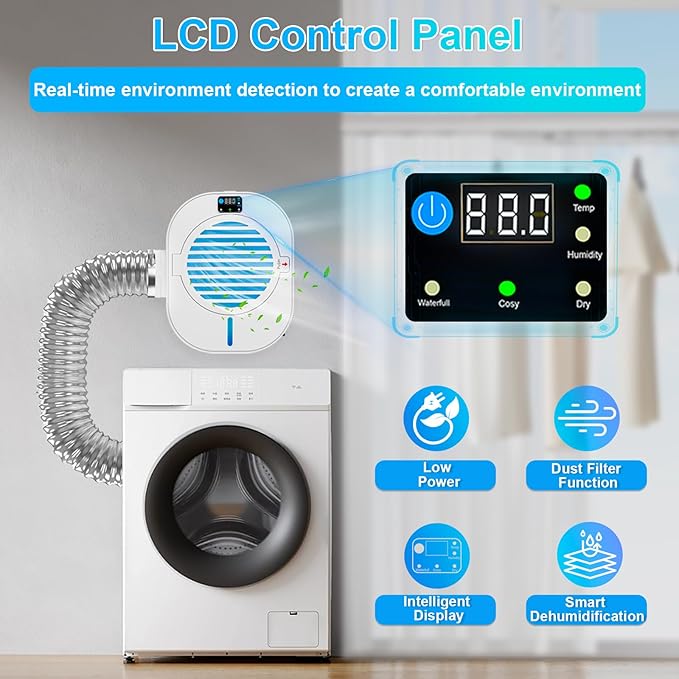 Kiss Core Upgrade 4-in-1 Indoor Dryer Vent Box With Dehumidifier for Protect Furniture, Electric Dryer Kit, Lint Trap, Intelligent Temperature and Humidity Display