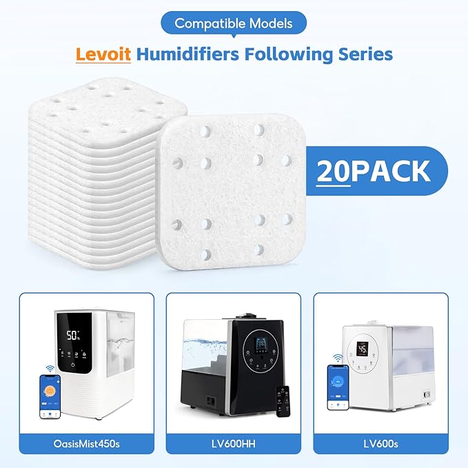20-Pack Humidifier Filter Replacements, Mineral Absorption Pads, Compatible with LEVOIT LV600HH, LV600S, OasisMist450S, OasisMist600S Humidifier