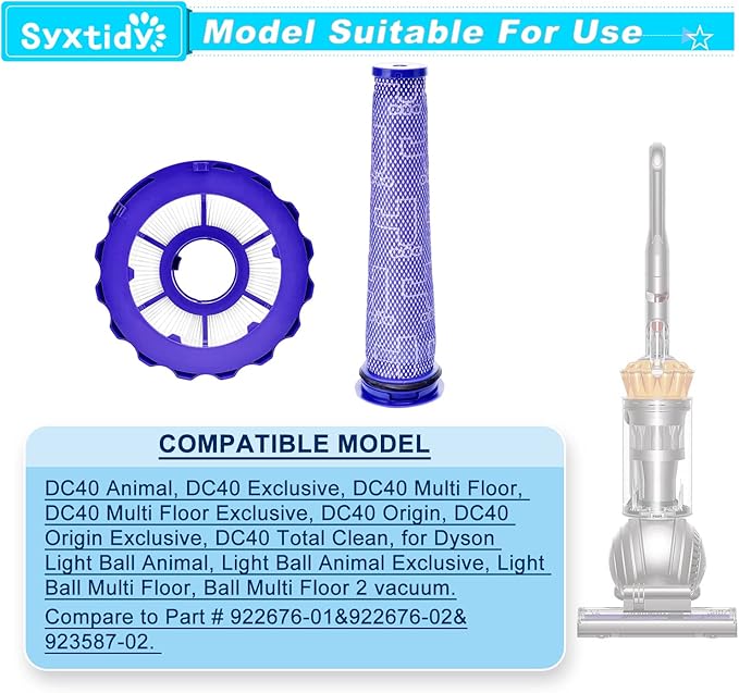 Replacement Filter for Dyson DC40 UP16 UP19, Post-Motor Filter and Pre-Motor Filter for Dyson Ball Multi Floor 2 Vacuum Light/Slim Ball Animal Vacuum, Part# 923587-02 & 922676-01