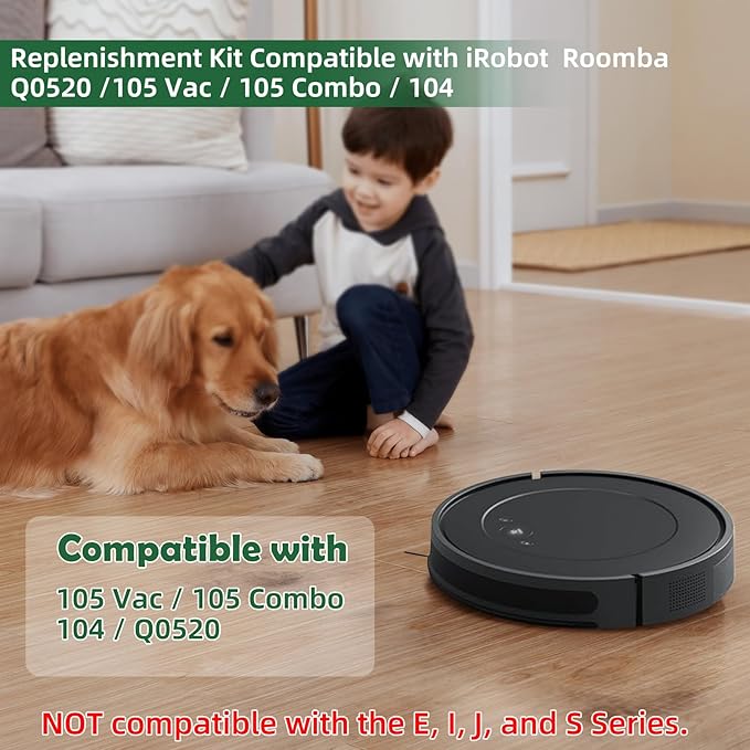 21-Pcs Replacement Parts Kit for iRobot Roomba 105 Vac / 105 Combo / 104 / Essential Vac 2 Robot Vacuum + AutoEmpty Dock, 2 Roller Brushes, 6 HEPA Filters, 6 Side Brushes, 6 Vacuum Bags