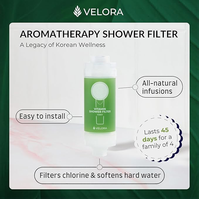 VELORA Vitamin C Shower Filter and Water Softener for Hard Water - Aromatherapy Shower Head Attachment - Universal Fit, No Tools - Replenish Dry, Itchy Skin and Nourish Hair - Forest-Scented