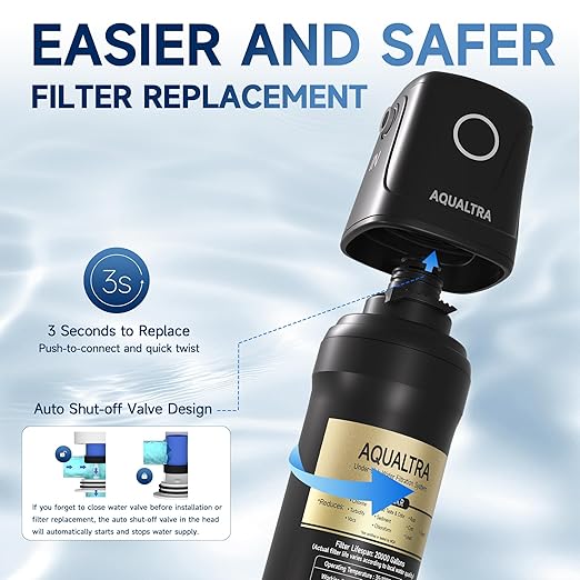 AQUALTRA USF01-BKF Under Sink Filter System, 12K Gal with Faucet, NSF/ANSI/CAN 372 Certified, Reduce PFOA, PFOS, Chlorine, Lead, Mercury, Chloramine, Fluoride, Microplastic Particles, Bad Taste & Odor