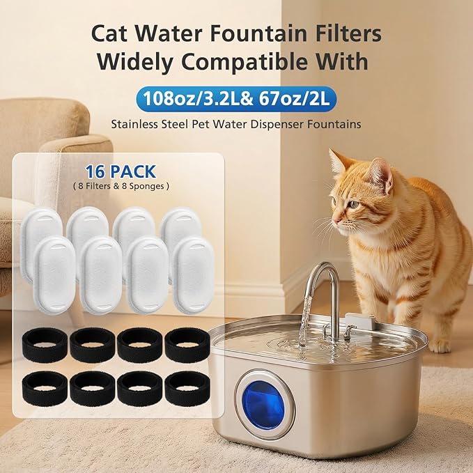 16 Pack Cat Water Fountain Filters for 108/3.2L& 67oz/2L& 4L/135oz Stainless Steel Pet Water Dispenser Cat/Dog Fountain Filter Replacement(8 Filters & 8 Sponges)