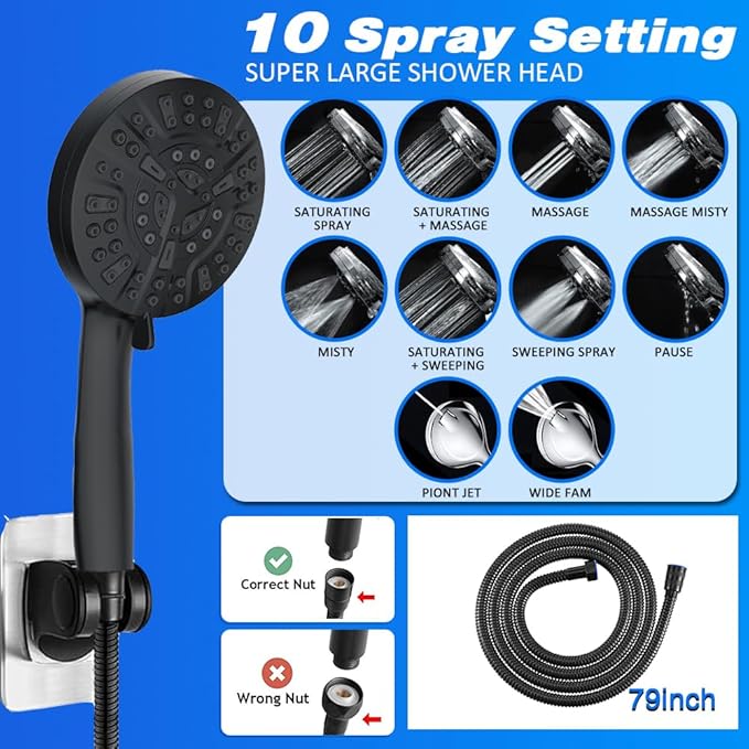 Matte Black Shower Head with Filters 12" Rain Shower Head with Handheld Spray Dual Shower Filter Head for Hard Water, Showerhead Combo with 10 Setting Handheld Built-in 2 Power Wash, Extra Cartridges
