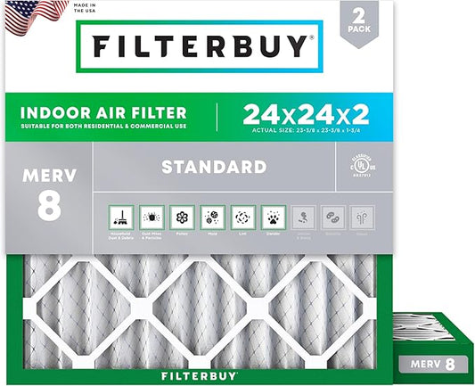 Filterbuy 24x24x2 Air Filter MERV 8 Essential Dust & Allergy Defense (2-Pack), Electrostatic Pleated HVAC AC Furnace Filters Replacement, Made in USA (Actual Size: 23.38 x 23.38 x 1.75)