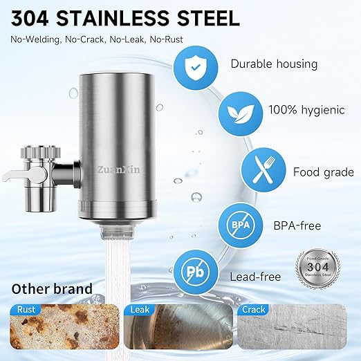 Water Filter for Sink Faucet, Stainless Steel Water Purifier for Kitchen Sink, Reduces PFAS, Lead, Chlorine & Microplastics, 350 Gallons Long-Lasting for Kitchen & Bathroom, 2 Filters
