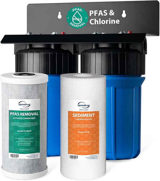 iSpring PFAS Whole House Water Filter System,SGS-Tested to Remove up to 99% PFAS,2-Stage Filtration Reduces Sediment, Chlorine, Chemical, Taste & Odor, 10-Inch Filters,1" Inlet/Outlet Model: WGB21B-PF