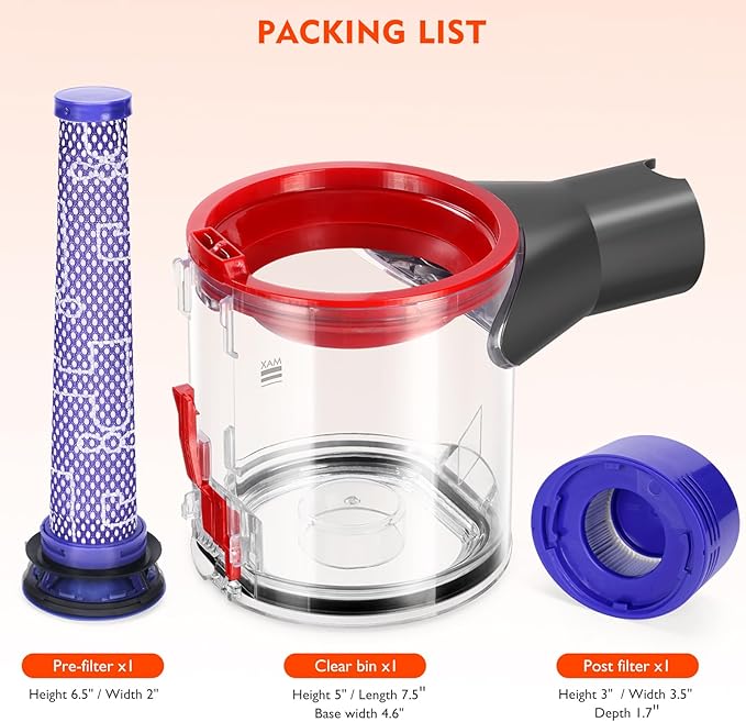 Upgraded V7 V8 Replacement Dust Bin Compatible with Dyson V7 V8 SV10 SV11 Vacuum Cleaner Canister, V7 V8 Dust Bucket Container with HEPA Filter Replacement Attachments for Dustbin Part No.967699-01