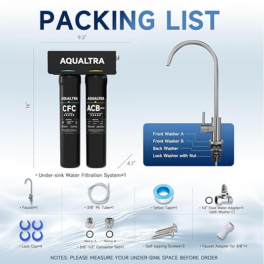 AQUALTRA USF-2F-15 Slightly Alkaline Under Sink Filter System, 28K Gal with Faucet, Reduce PFOA, PFOS, Chlorine, Lead, Mercury, Chloramine, Fluoride, Microplastics Particles, Bad Taste & Odor