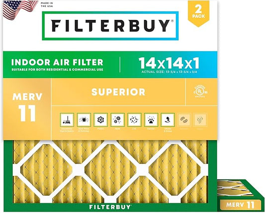Filterbuy 14x14x1 Air Filter MERV 11 Superior Pet & Allergy Defense (2-Pack), Electrostatic Pleated HVAC AC Furnace Filters Replacement, Made in USA (Actual Size: 13.75 x 13.75 x 0.75)