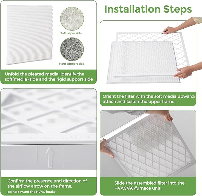 Reusable Air Filter Kit, MERV 8, Compatible with AC & Furnace System, Reusable & Washable 1 ABS Plastic Frame & 5 Replaceable Filter Media. (16x25x1in)