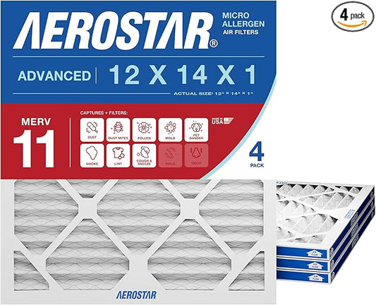 Aerostar 12x14x1 MERV 11 Pleated Air Filter, 4 Pack, AC Furnace Filters, HVAC Filter, Air Conditioner Filters, Heater Filters Replacement for Home (Actual Size: 12x14x1)