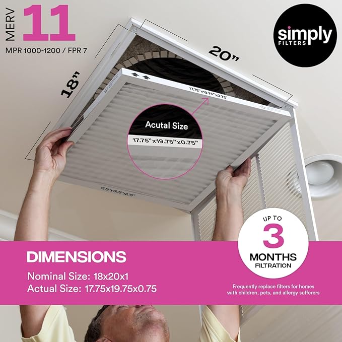 Simply 18x20x1 Air Filter, Merv 11, 6 Pack, For Home AC Furnace & HVAC (Actual Size: 17.81"x19.81"x0.75") DUST, Pet & Allergy Control,