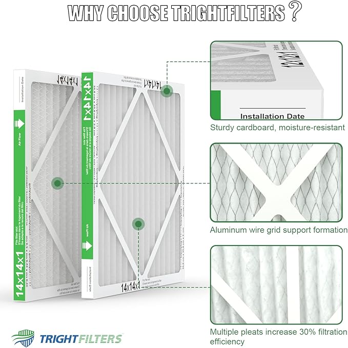 TRIGHTFILTERS 14x14x1 Air Filter 4 Pack, MERV 8 Pleated Dust Defense Air Filters Replacement Air Conditioner HVAC AC Furnace Filter, Durable and Lightweight