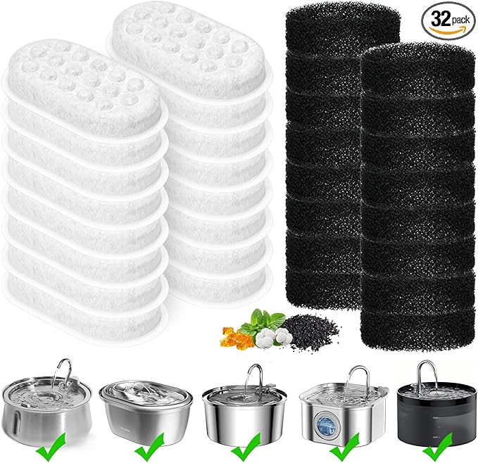 Cat Water Fountain Filter, 32-Pack Cat Fountain Replacement Filters for 67oz/2L & 108oz/3.2L Stainless Steel Cat Water Fountain, 4-Layer Filtration Pet Filter (16 Filters & 16 Sponges)