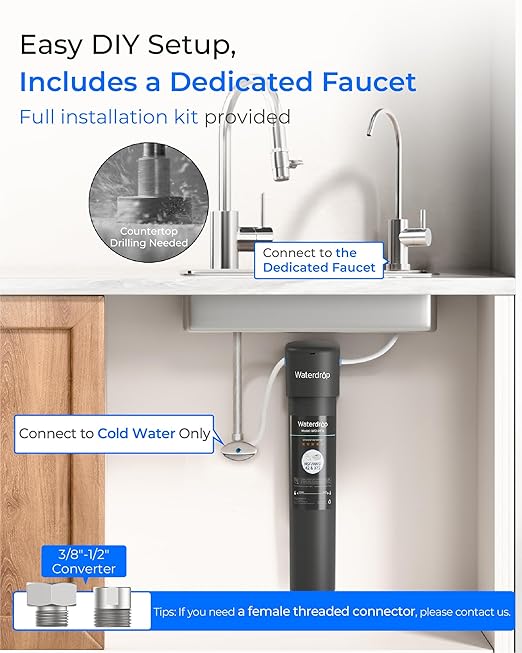 Waterdrop 15UB Under Sink Water Filter System, Reduces PFAS, PFOA/PFOS, Lead, Chlorine, Bad Taste & Odor, NSF/ANSI 42 Certified, Under Sink Water Filter with Faucet, 2 Years