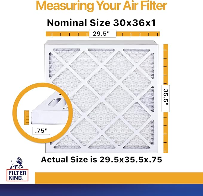 Filter King 30x36x1 Air Filter (MERV 13) (6-Pack) Dust & Allergy Control AC Furnace Filters, MADE IN USA, HVAC, Pleated, Electrostatic (Actual Size: 29.5 x 35.5x .75)