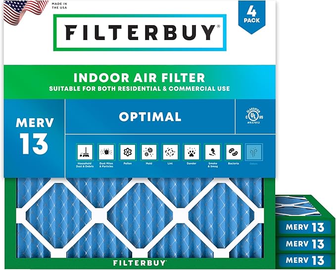 Filterbuy 25x25x1 Air Filter MERV 13 Optimal Smoke & Allergy Defense (4-Pack), Electrostatic Pleated HVAC AC Furnace Filters Replacement, Made in USA (Actual Size: 24.50 x 24.50 x 0.75)
