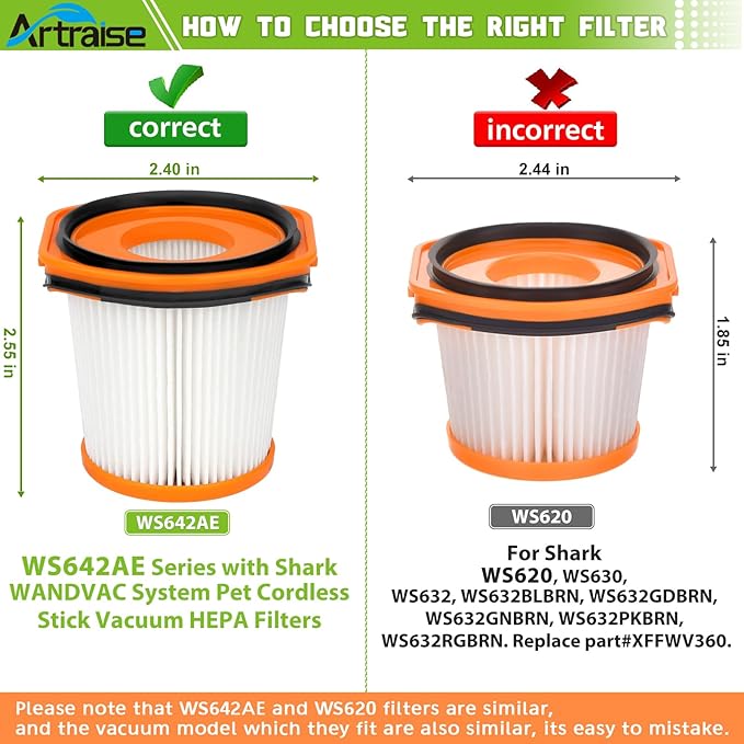 Artraise WS642AE Filter Replacement for Shark WS642AE WS640AE Wandvac Self-Empty System Ultra-Lightweight Powerful Cordless Stick Vacuum (4 Pack Filters)