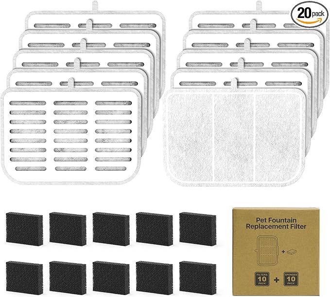 Filter Unit Rect For E VERSWEET MAX Cordless 105fl oz/3L Pet Cat Water Fountain Filter Replacement (Square-10 Filters+10 Sponges)