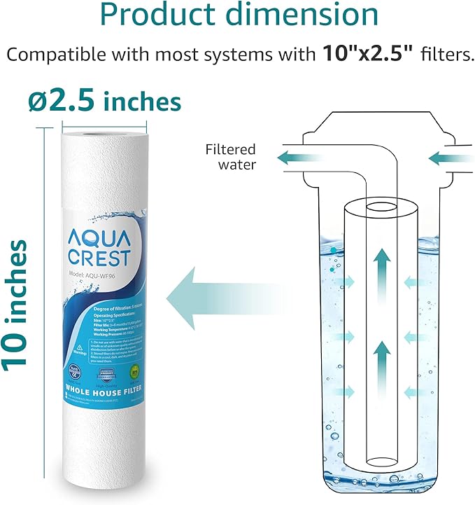 AQUA CREST AP110 Whole House Water Filter, Sediment Filter, 5 Micron, Replacement for 3M® Aqua-Pure AP110, Culligan® P5, APEC, GE FXUSC, Whirlpool®, Any 10" x 2.5" Home Water Filter, Pack of 4