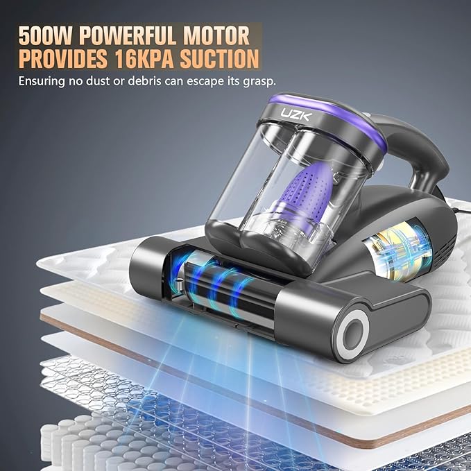 Bed Vacuum Cleaner Mattress Vacuum Cleaner,16Kpa Powerful Handheld Vacuums with UV-C Light & Double Dust Cup & High Heating & Ultrasonic & HEPA Filter for Bed Sofa(Corded,Purple)