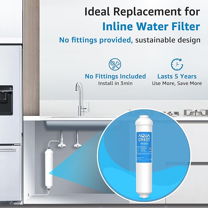 AQUA CREST FF35C5J Inline Water Filter Replacement, 1/4 Quick-Connect Replacement for Refrigerator, NSF/ANSI 42 Certified, Post-Carbon Filter for Reverse Osmosis Systems, 6-12 Months (NO Fittings)