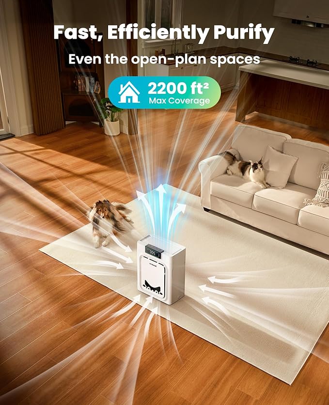 oneisall Air Purifiers for Home Pets with Double-Sided H13 HEPA Washable Filters, Large Rooms Up to 2200Ft², Air Purifier for Dander,Odors, Pet Fluff Hairs,Smoke,Dust,PP02