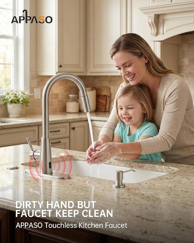 APPASO Touchless Kitchen Faucet with Soap Dispenser and Pull Down Sprayer 2 Modes, Brushed Nickel Motion Sensor Hands-Free Sink Faucets with cUPC Certified Water Hoses No Lead, S304 Stainless Steel