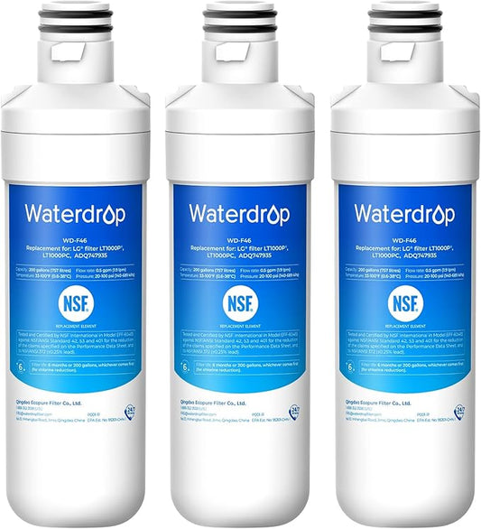 Waterdrop LT1000PC ADQ747935 MDJ64844601 Refrigerator Water Filter, Reduce chlorine, bad taste and odor, Replacement for LG® LT1000P®, ADQ74793501, ADQ74793502, Kenmore 46-9980, Pack of 3