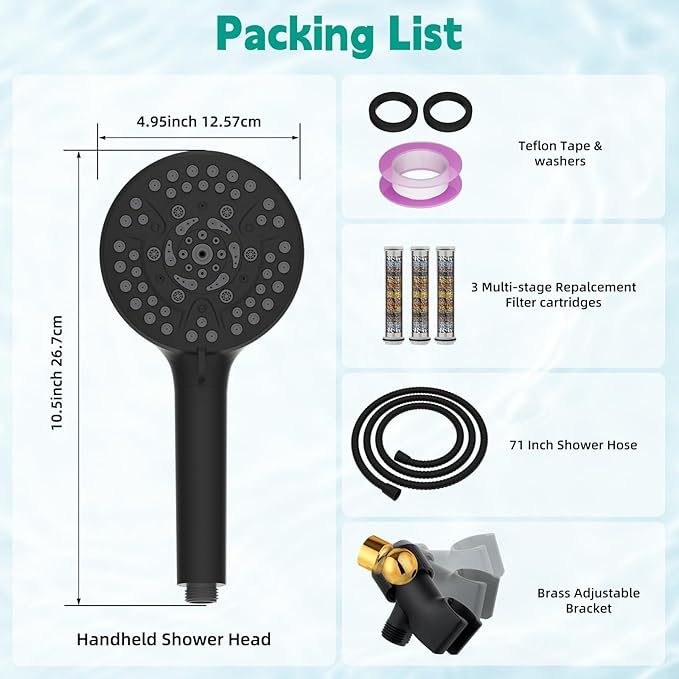 Hibbent Filtered Shower Head with Handheld, High Pressure 10 Spray Showerhead with 3 Filters, Water Softener for Hard Water-Remove Chlorine, Reduces Dry Itchy Skin, Improve Skin& Hair Texture, Black