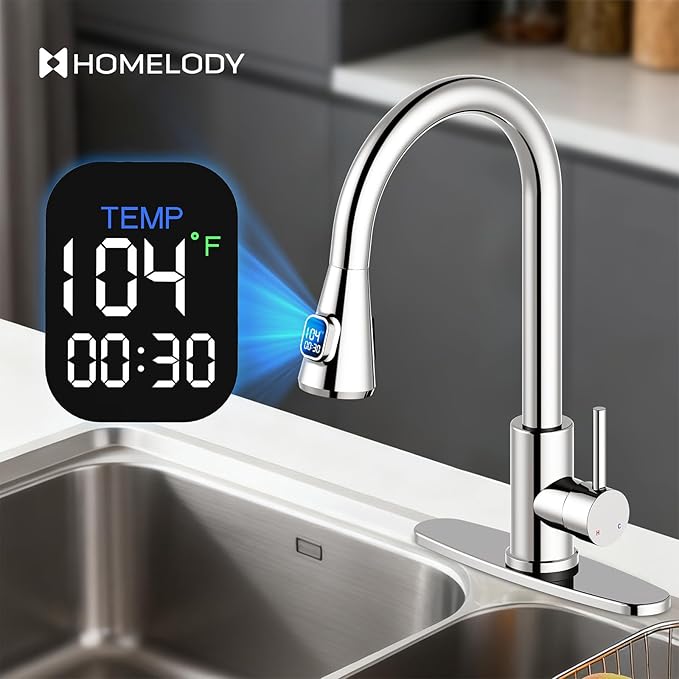 HOMELODY LED Temperature Display Kitchen Faucet with Pull Down Sprayer - Polished Chrome Single Handle Faucet for Kitchen Sink, High Arc Stainless Steel Design for RV Laundry Farmhouse Bar