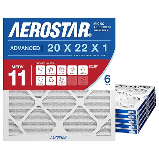 Aerostar 20x22x1 MERV 11 - 6 Count - Pleated HVAC, Furnace & Air Conditioner Filters - Removes Dust, Cold & Flu Germs, Lint, Mold, Pet Dander, Allergy-Causing Pollen, Smog & Smoke