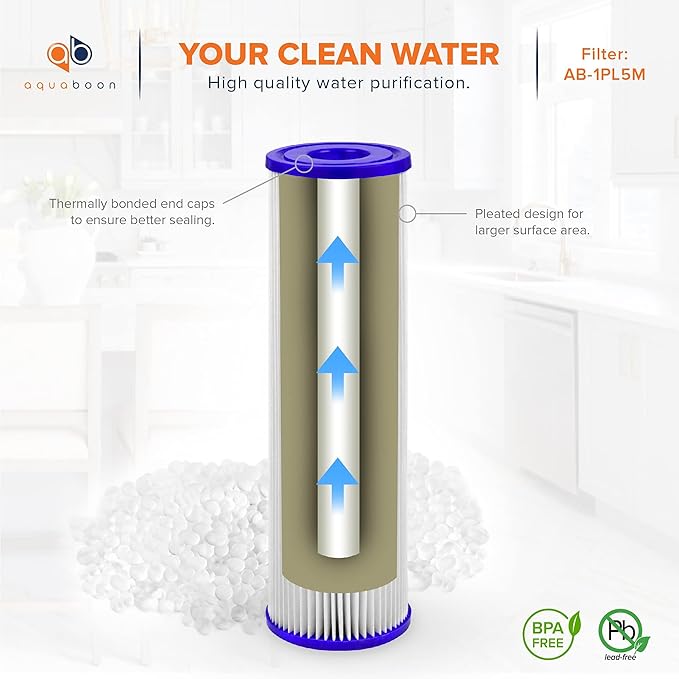Aquaboon 5 Micron 10x2.5 Whole House Pleated Sediment Filter Cartridge for Well Water Filter Replacement Compatible with WFPFC3002, WHKF-WHPL, 50-Pack