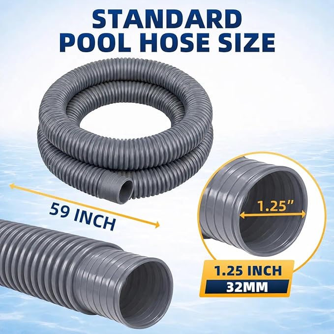 Replacement Pool Hoses for Above Ground Pools 1 1/4, 59"" Long Filter Pump Hose, 4 Pack Pool Pump Hose with 8 Metal Clamps (Grey), Gray