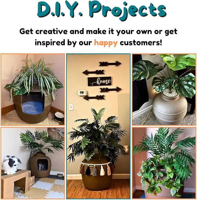 Good Pet Stuff Hidden Litter Box Planter, Decorative Cat Litter Enclosure with Carbon Filter & Faux Plant, Made in USA, Removable Liner, Odor Control, NEW Round Style, Essentials Kit, Chestnut Brown