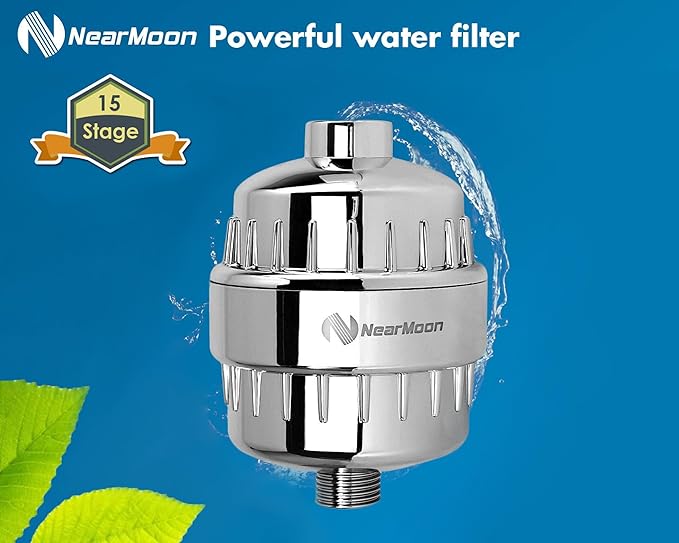 NearMoon Shower Head and 15 Stage Shower Filter Combo, High Pressure Filtered Shower for Hard Water, Improves the Condition of Your Skin, Hair (6 Inch, Chrome)