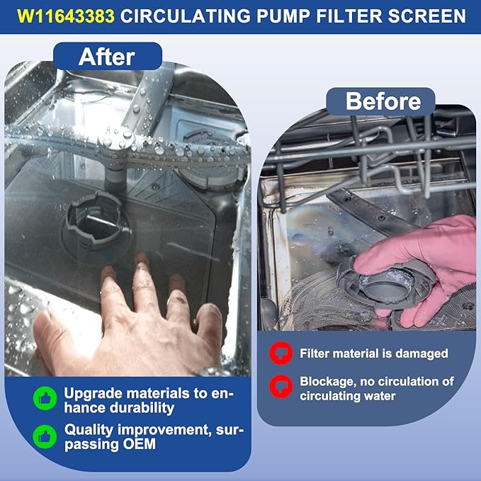 W11643383 Dishwasher Filter Compatible with Whirlpool Maytag KitchenAid MDB4949SKZ KDTM404KPS2 MDB4949SKB0 MDB9959SKZ0 MDB4949SDZ0. W11643383 Circulating Pump Filter Replace W11108699 AP7205669