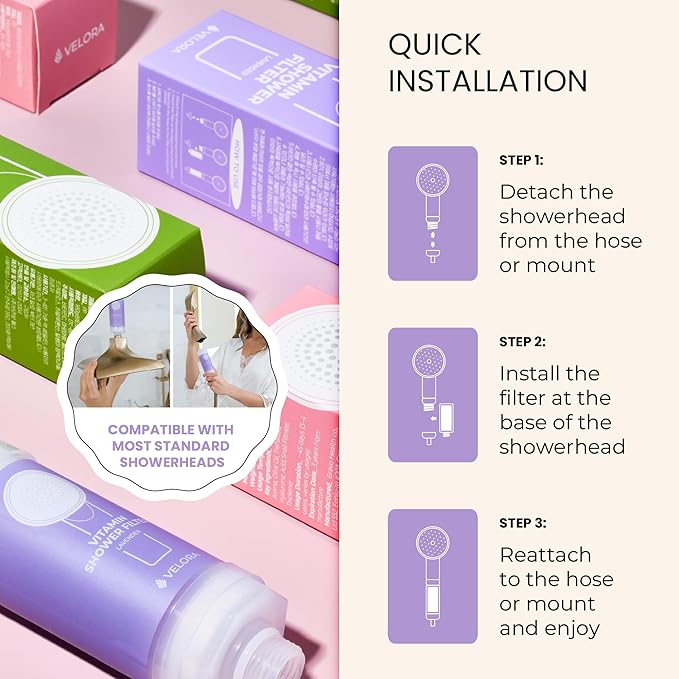 Vitamin C Shower Filter and Water Softener for Hard Water - Aromatherapy Shower Head Attachment - Universal Fit, No Tools - Replenish Dry, Itchy Skin and Nourish Hair - Lavender-Scented