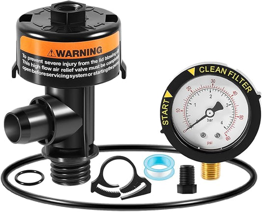 98209800 High Flow Manual Relief Valve/Air Relief Manual Valve Assembly with Pressure Gauge, Replacement for Pool and Spa Filter (98209800+87300400)