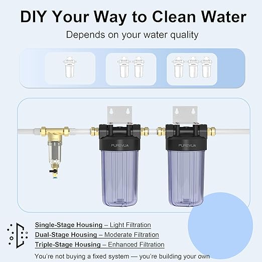 PWT10 Whole House Water Filter Housing, Fits 10” x 4.5” Big Blue Filters, Inline Pre-Filtration System for RV, Home Well and City Water Sediment etc with 1" NPT Port, Pressure Relief Valve