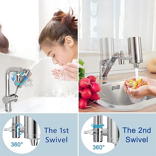 Faucet Water Filter, 1200-Gallons Water Faucet Filtration System, 304 Stainless Steel Tap Water Filter with with Dual 360-degree Swivels, Remove Chlorine, Lead, Odors, Bad Tastes and More