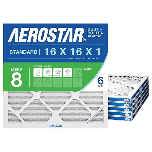 Aerostar 16x16x1 MERV 8 - 6 Count - Pleated HVAC, Furnace & Air Conditioner Filters - Removes Dust, Lint, Mold & Allergy-Causing Pollen